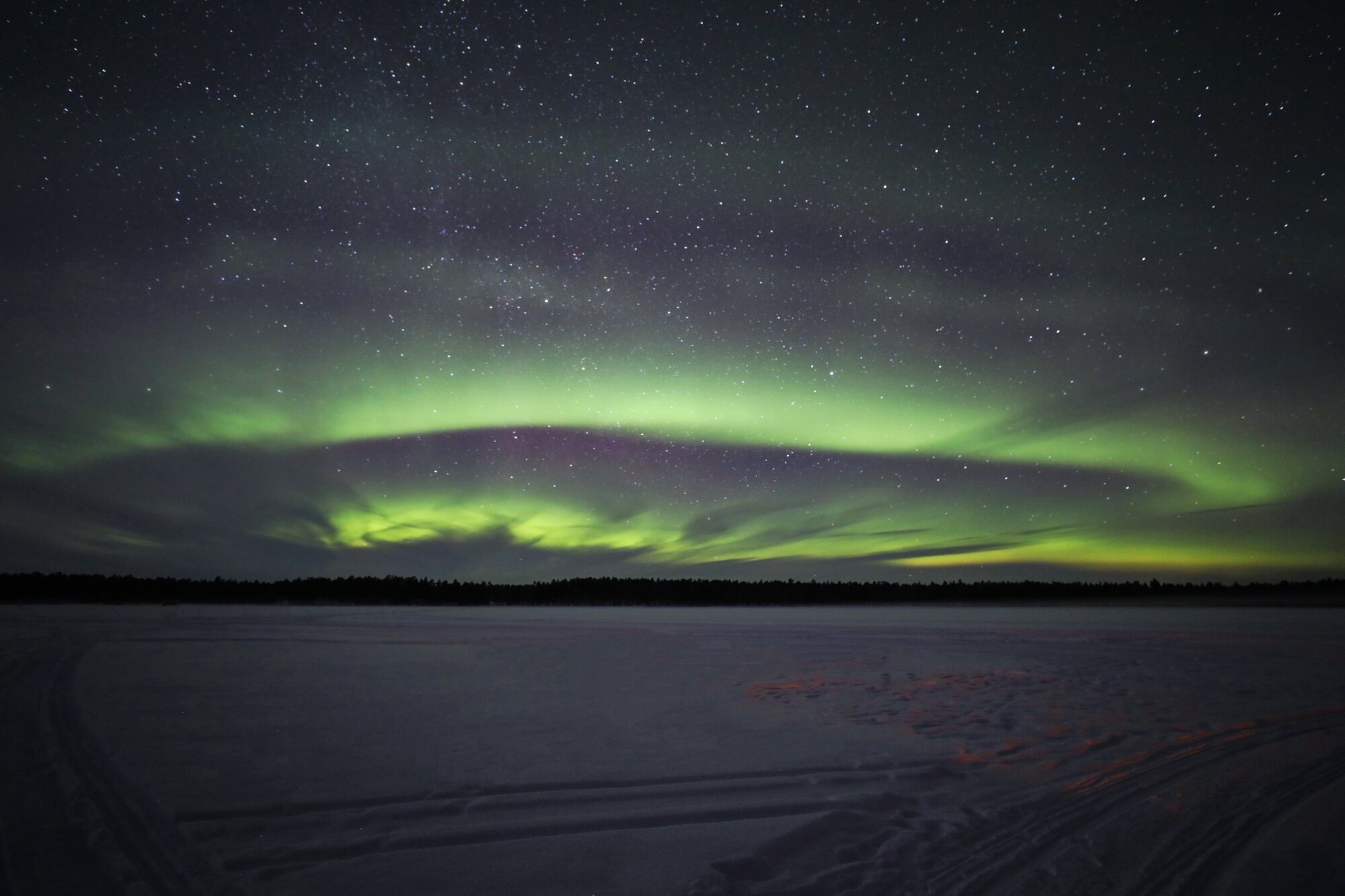 Aurora over a winter landscape photographed by Corey Fader